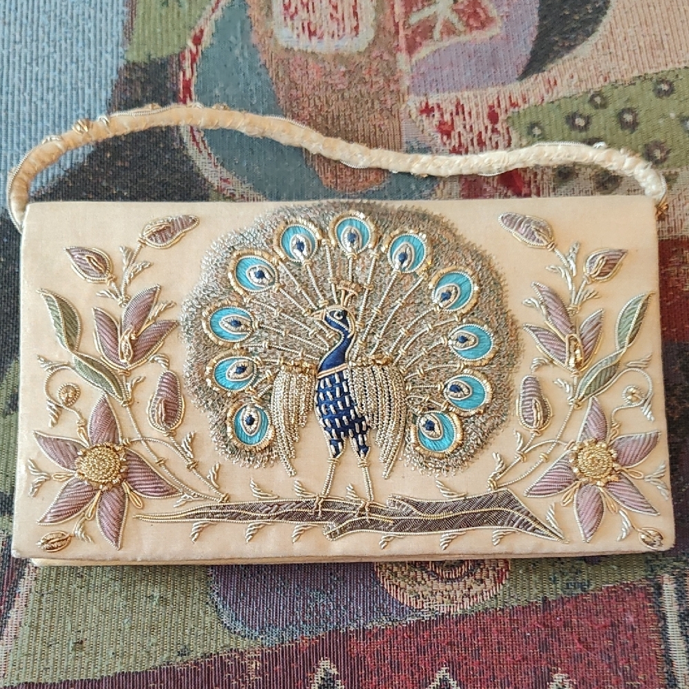 Embroidered Peacock Clutch Cream and Blue